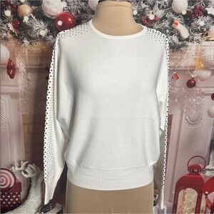 Carmen Marc Valvo White Sweater with Studded Accents